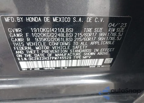 2023 Honda Hr-V Awd Lx z USA, uszkodzony, nr VIN 3CZRZ2H37PM745529